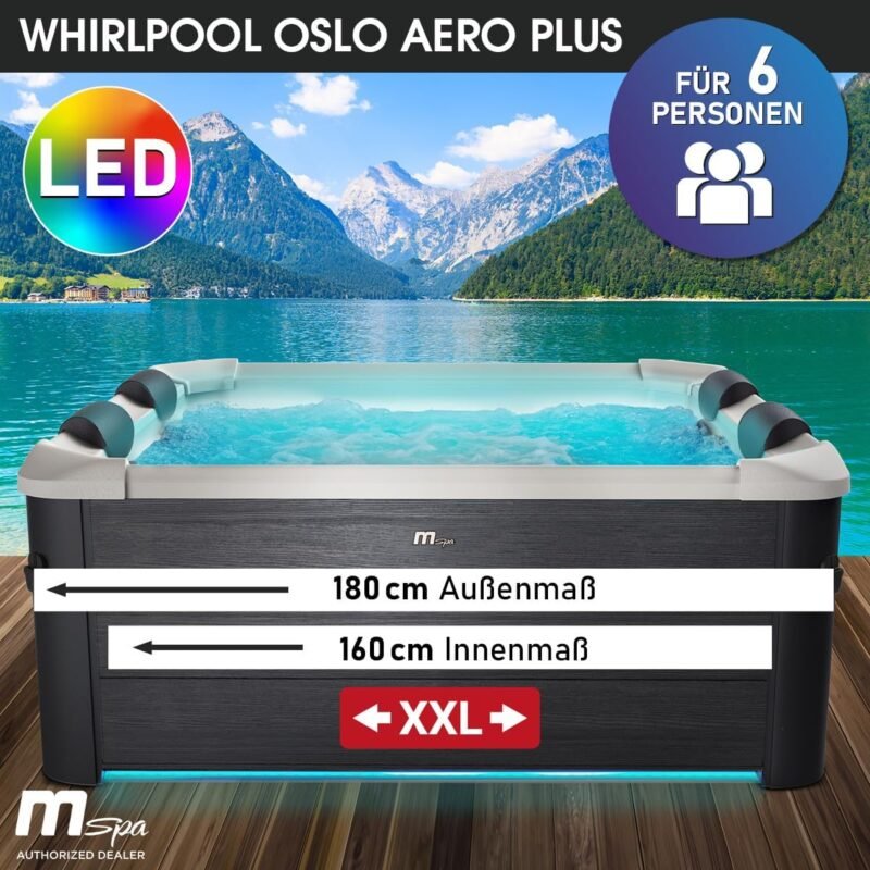 BRAST Whirlpool MSpa Oslo Aero Plus XXL mit Fester Außenwand | LED-Beleuchtung 20 einstellbare Farben für 6 Personen | 180x180x65cm | 140 Massagedüsen | Ganzjähriger Einsatz Winterfest | In & Outdoor